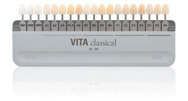 Guía de color VITA classical con los tonos ordenados del 0M1 al D4